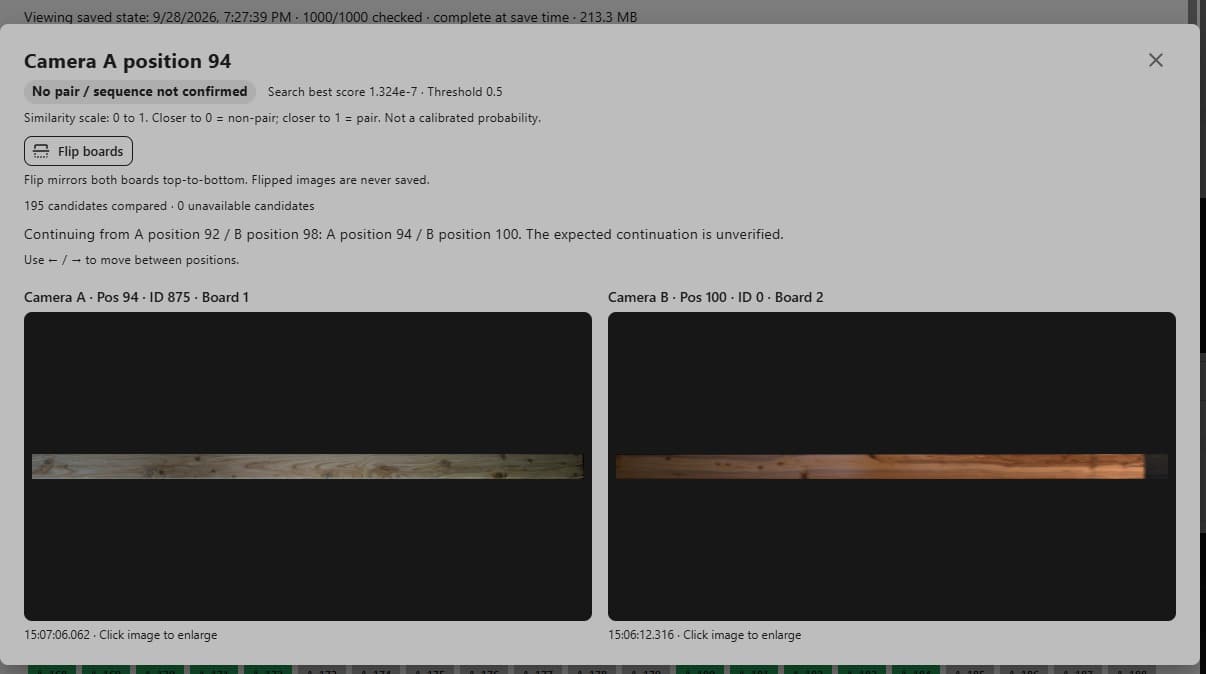 Grey comparison view of two boards from Camera A and Camera B, marked No pair / sequence not confirmed.