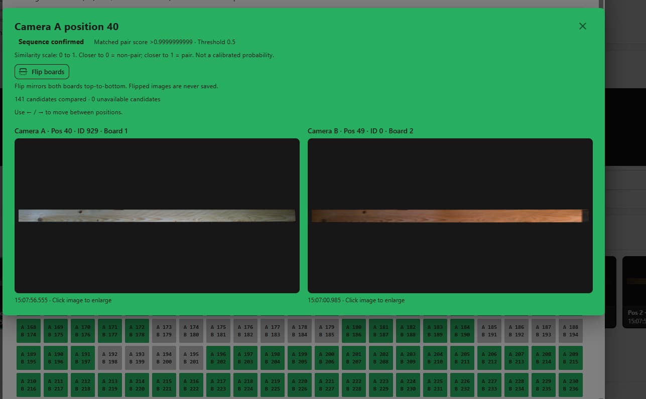 Green comparison view showing the same grain and knot pattern under different lighting, marked Sequence confirmed.