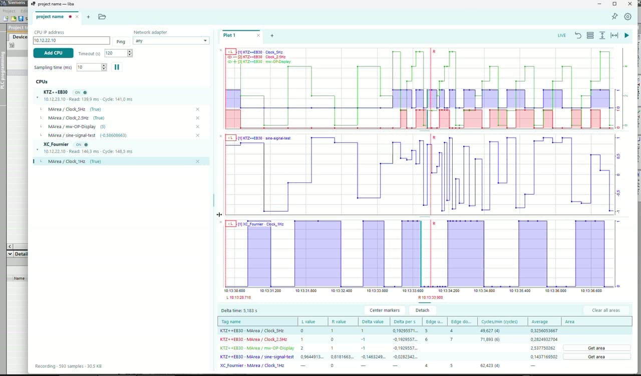 NidoScope recording with two CPUs, signal plots and a table of marker values and timing measurements.